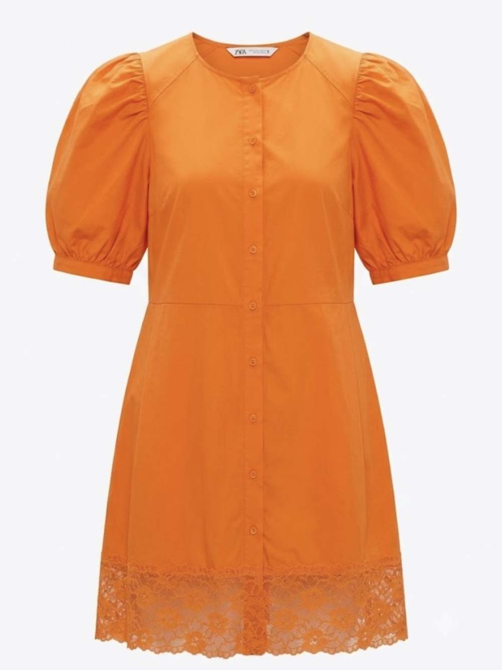 Zara Bright Orange Button-Front Midi Dress with Puff Sleeves